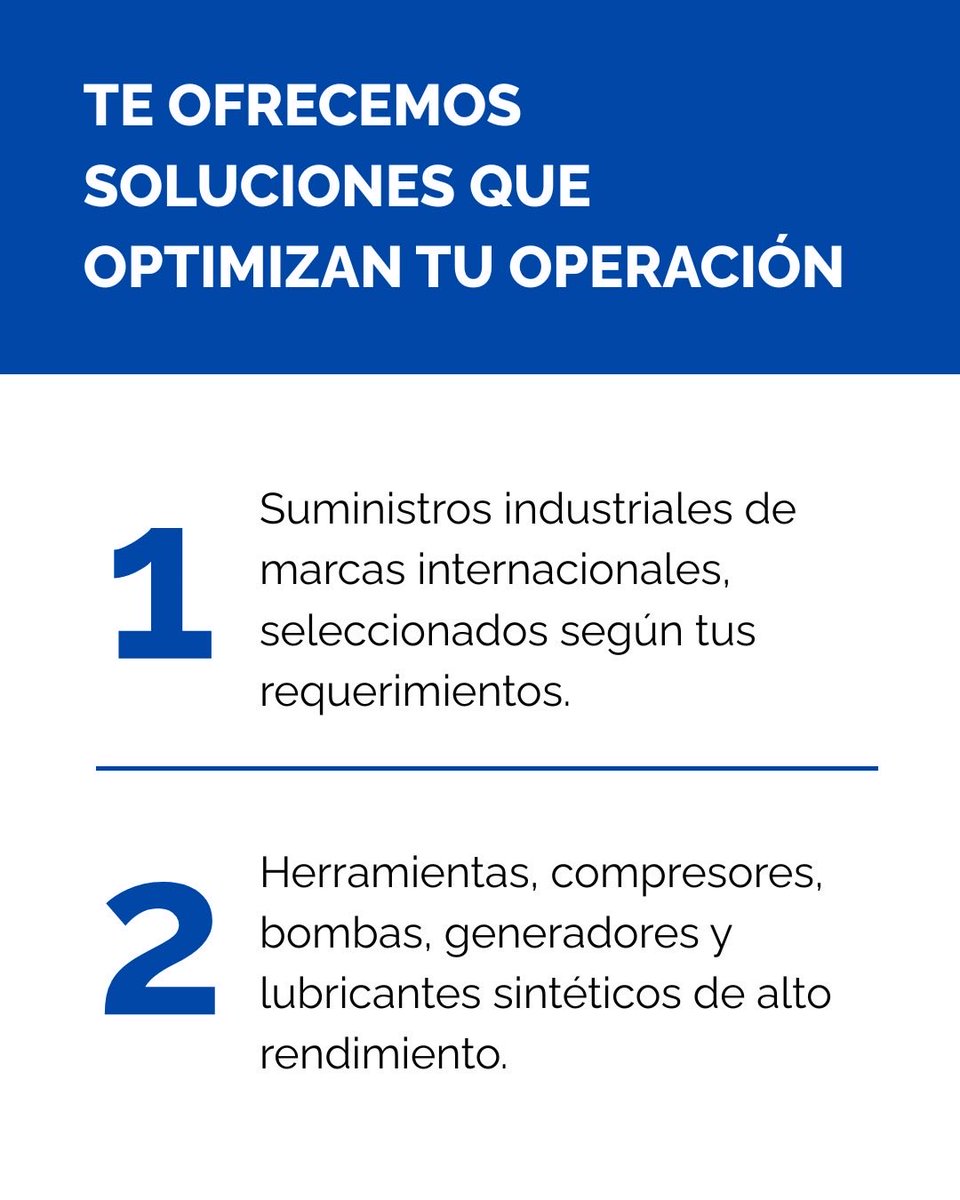 Representamos marcas internacionales y suministramos equipos, repuestos y accesorios industriales adaptados a cada necesidad
🔧 Herramientas eléctricas y manuales
⚙️ Compresores, bombas y generadores
🧴 Lubricantes sintéticos de grado industrial
📡 Sistemas de respaldo energético
