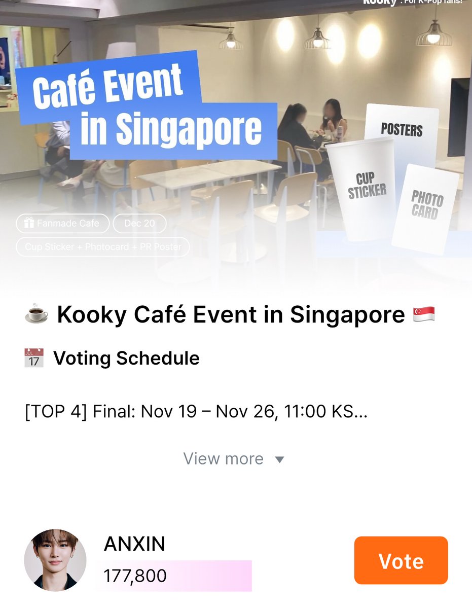 🗳️ | KOOKY UPDATE 251126

📢 Calling all Xinaris to vote here:

Kooky Cafe Event in Singapore - FINAL 

🎯 GOAL: MAINTAIN RANK 1🚨

CURRENT GAP FROM RANK 2: 93,682
⏳ NOVEMBER 26, 11 AM KST (ENDS IN 30 MINS)