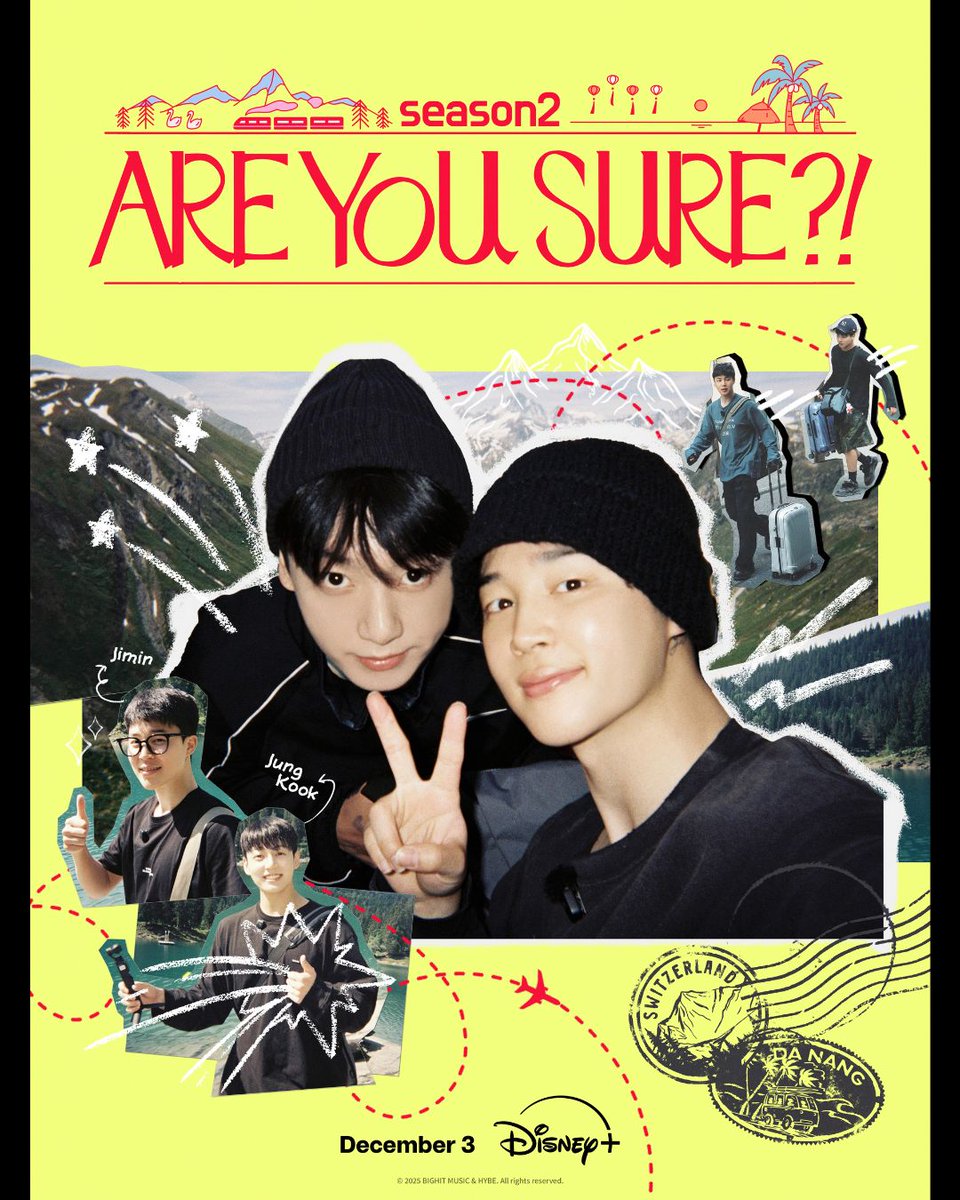 DisneyPlusMY's tweet image. If you loved their first trip, wait until you see where they go next!! Catch Jimin and Jung Kook in #AreYouSure?! Season 2, this 3 December only on #DisneyPlusMY.