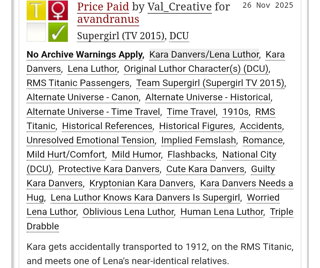 Kara Danvers/Lena Luthor • Supergirl (TV 2015) • T-rating • Canon AU
#supergirl #supercorp #femslash #karadanvers #lenaluthor #fanfiction #fanfic 
archiveofourown.org/works/65524357