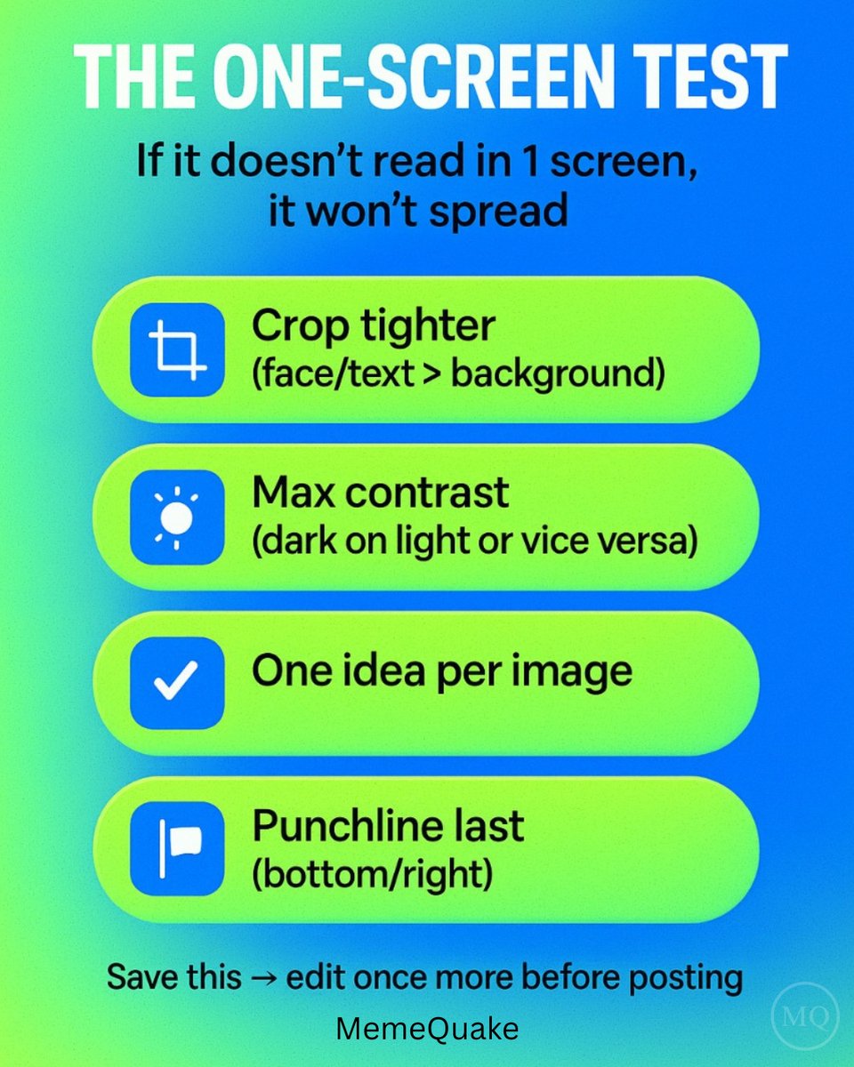 memequakenow's tweet image. Before you post, ask: can a stranger get it without zooming?
Do a 30-second pass: tighter crop, higher contrast, one idea, punchline last.
Screenshot it—if it still reads, you’re good.

What do you cut most: background, words, or effects? 👇

#DesignTips #Readability #MemeCraft…