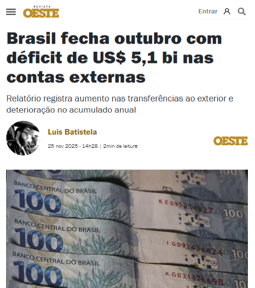 BrazilenDireita's tweet photo. "Brasil fecha outubro com déficit de US$ 5,1 bi nas contas externas"
Enquanto o #PT acaba com o ESTADO brasileiro de escândalos #BancoMASTER e #INSS...
Cria mais uma vergonhosa cortina de fumaça:
Prisão de dois dos mais condecorados das #FAAs: Gal Heleno e Paulo Sérgio. https://t.co/wpiMzWDscv