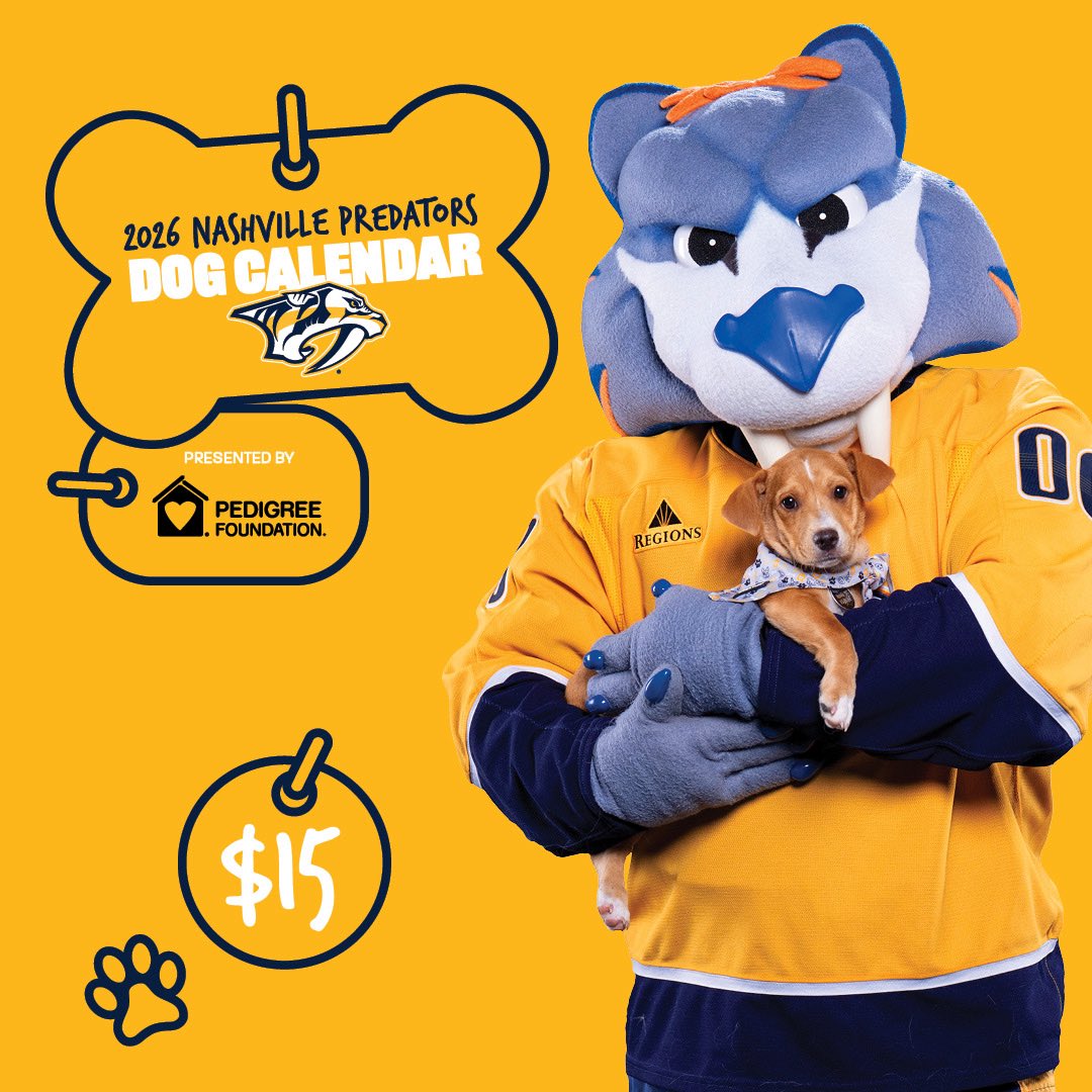 PredsFoundation's tweet image. Looking for the PAWFECT 🐾 holiday gift? Look no FUR-ther! The 2026 @PredsNHL calendar presented by the @PedigreeFound is on sale now! Calendar features this season’s team + their dogs or dogs from @WagsandWalks! 

Available at home games at 106/107 or:  fundraise.givesmart.com/form/VRRjFg?vi…