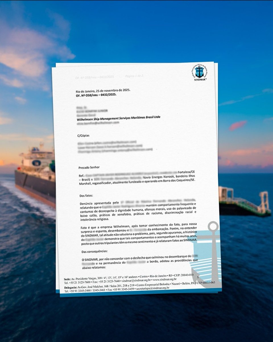 Nesta terça (25/11), o Sindmar encaminhou um ofício à Wilhelmsen em que cobra providências sobre o caso de xenofobia, racismo, intolerância religiosa e assédio moral sofridos por um oficial de náutica em uma de suas embarcações:

instagram.com/p/DRgEml8Ec9m/…