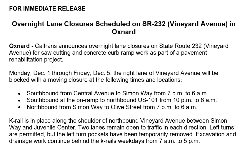 CaltransDist7's tweet image. 🚧 VINEYARD AVENUE IN OXNARD 🚧

Vineyard Avenue from Central Avenue to US-101: Drainage &amp;amp; curb &amp;amp; ramp work blocking right lane at night.  Excavation &amp;amp; drainage work behind k-rail during the day. Monday 12/1 through Friday 1/25. Details👇 Notifications: tinyurl.com/33k9dapm
