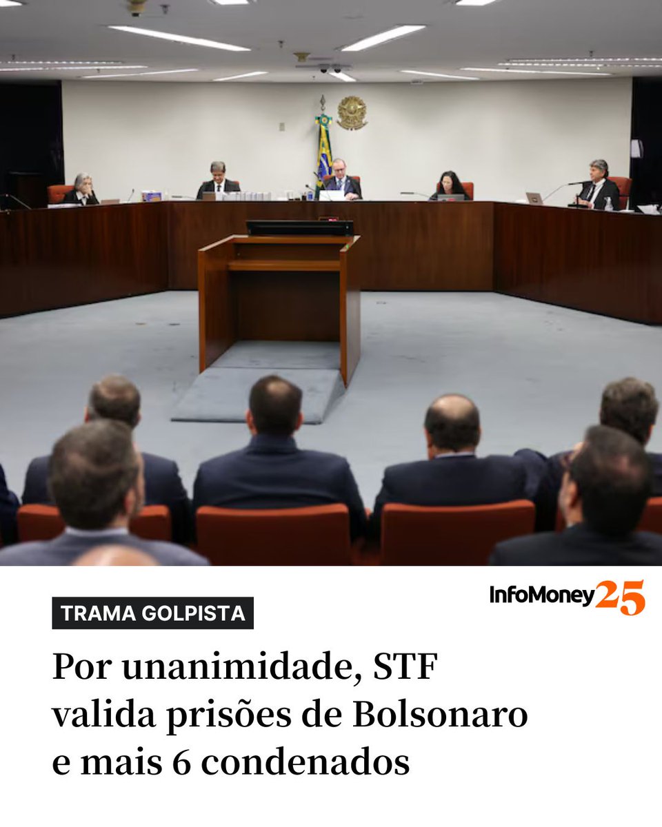 TRAMA GOLPISTA

Por unanimidade, os ministros da Primeira Turma do Supremo Tribunal Federal (STF) decidiram nesta terça (25) referendar as decisões do ministro Alexandre de Moraes que determinaram as execuções das condenações do ex-presidente Jair Bolsonaro e de mais seis réus da