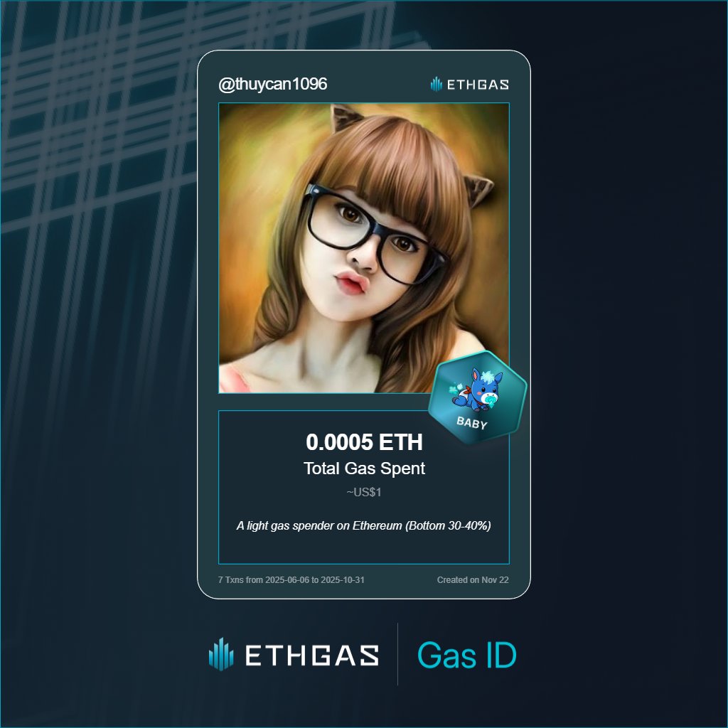 thuycan1096's tweet photo. Discovered my Gas ID via ETHGas - turning my gas spend into rewards 🫘

As a Baby Jack, I've spent 0.0005 ETH on gas but earned 1 Beans back.

Get your Gas ID and Beans here: https://t.co/7FljnpjGBs https://t.co/4szofTkfBT