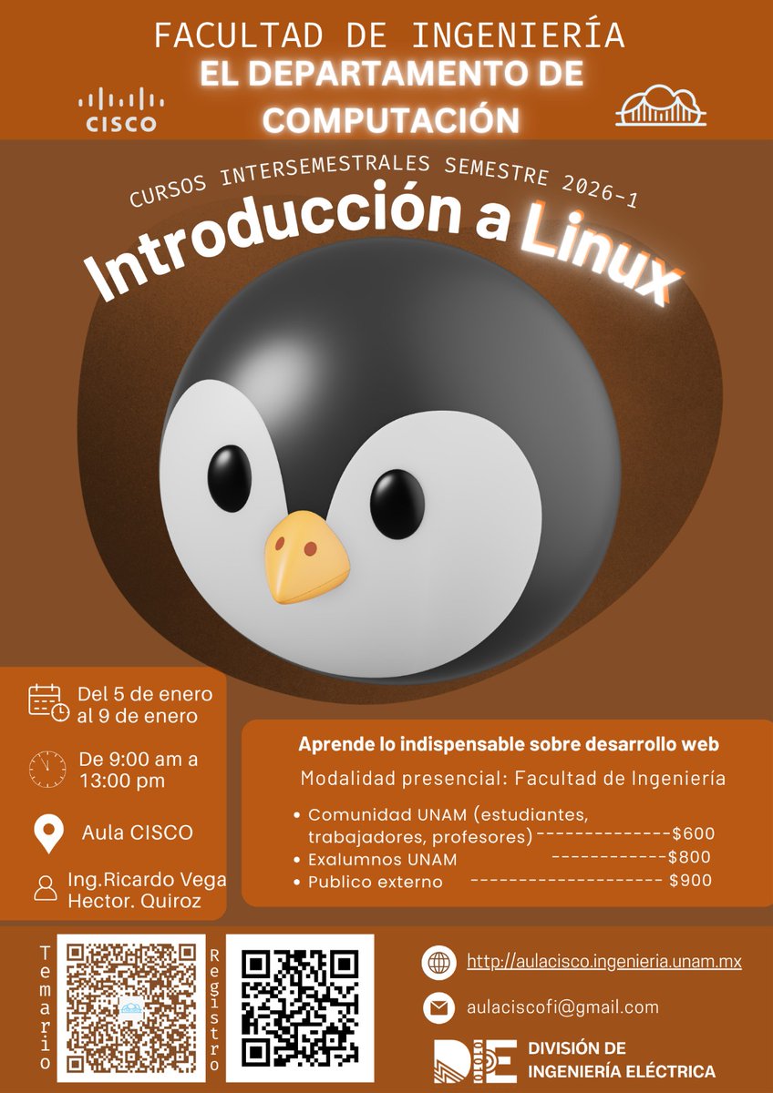 die_fi_unam's tweet image. El Departamento de Computación te invita a sus cursos intersemestrales 2026-1:

- Introducción a la nube
- Introducción a Linux
- LaTex