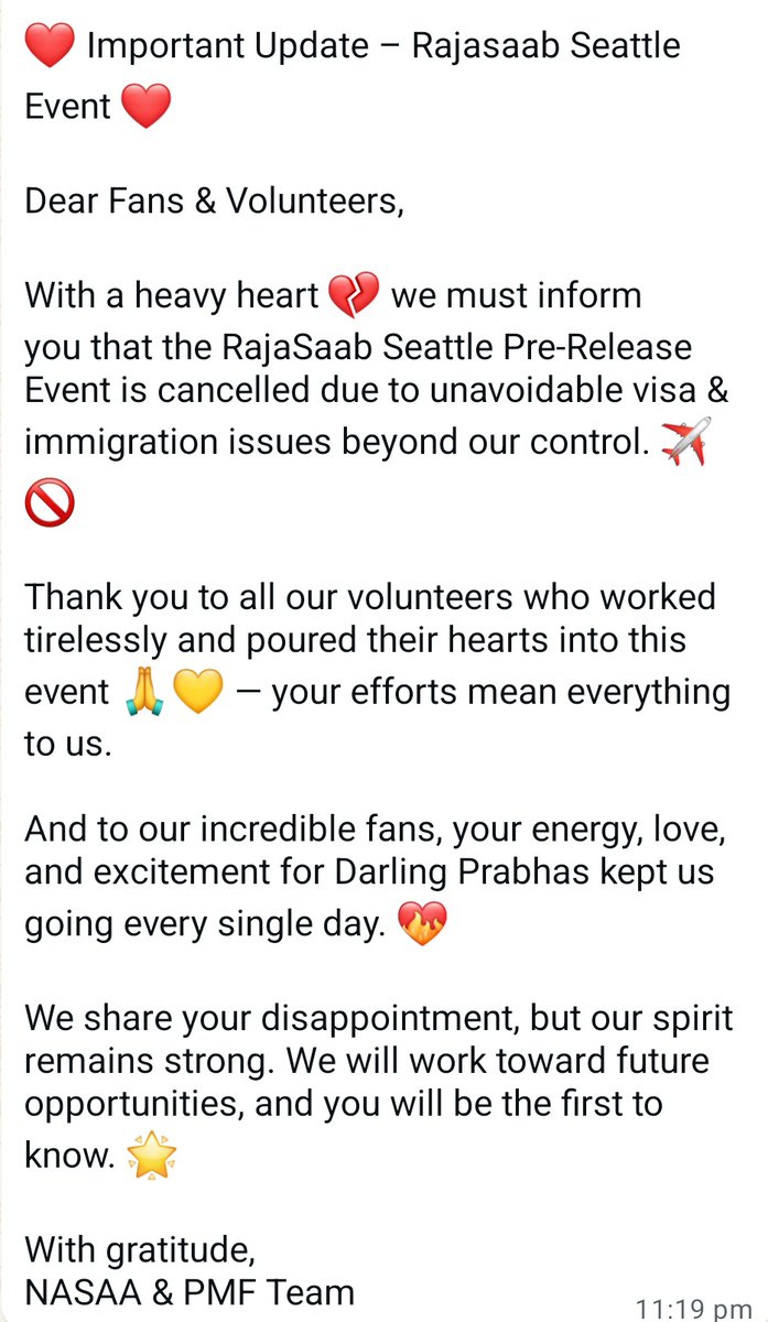 JanpashaTweetz's tweet image. #TheRajasaab event cancelled due to visa issues 😕 

#Seattle