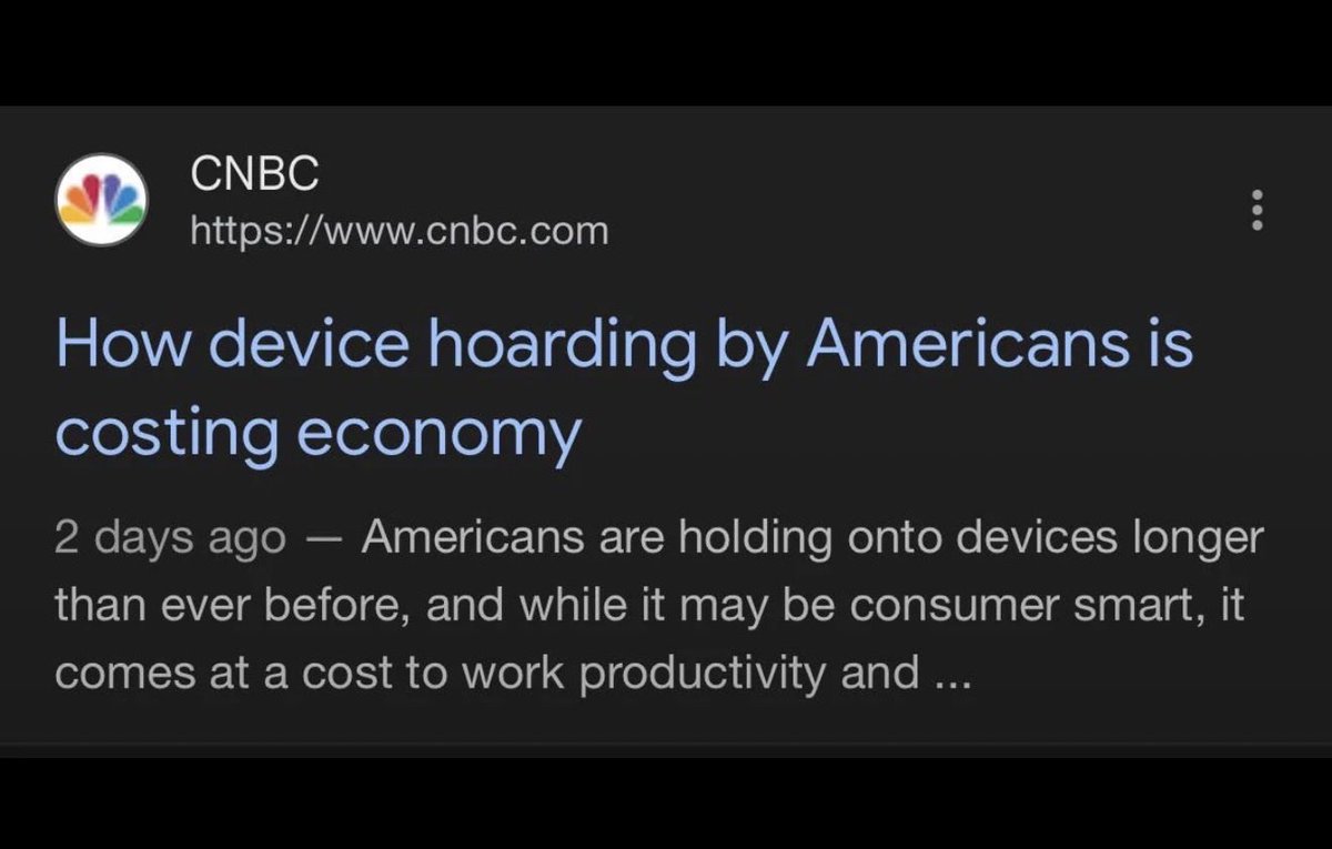 mcsquared34's tweet image. No CNBC, it’s not device hoarding it’s —MY PHONE STILL WORKS FINE AND I’M NOT GOING TO SPEND $1500 FOR A SLIGHTLY BETTER CAMERA AND AN AI FEATURE THAT I’LL EVENTUALLY DISABLE
