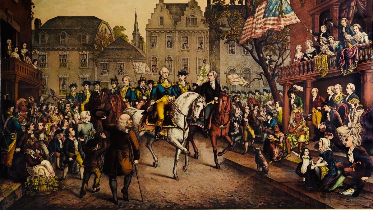 TammiMinoski's tweet photo. #OTD 1783: The last British troops evacuated NYC. General #GeorgeWashington led a triumphant march into the city, followed by a celebration at Fraunces Tavern where the British flag was replaced with an American one. #EvacuationDay #RevWar https://t.co/zLhkQ1HQXE