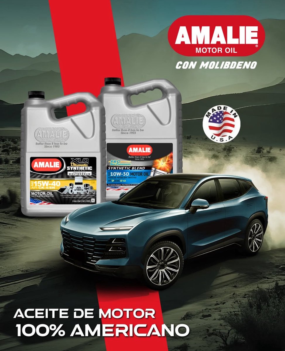 RadioDibluFM's tweet photo. 🇺🇸💥 ¡El aceite 100% americano que tu motor merece! Con Amalie, le das a tu vehículo la máxima protección y rendimiento. 🏎️🔧 ¿Estás listo para llevar tu motor al siguiente nivel?
Aceite 100% americano formulado con MOLIBDENO, el mejor aditivo antifricción del mercado.
#Amalie #AceiteAmericano #ProtecciónTotal #RindeAlMáximo #LubricantesAmalie