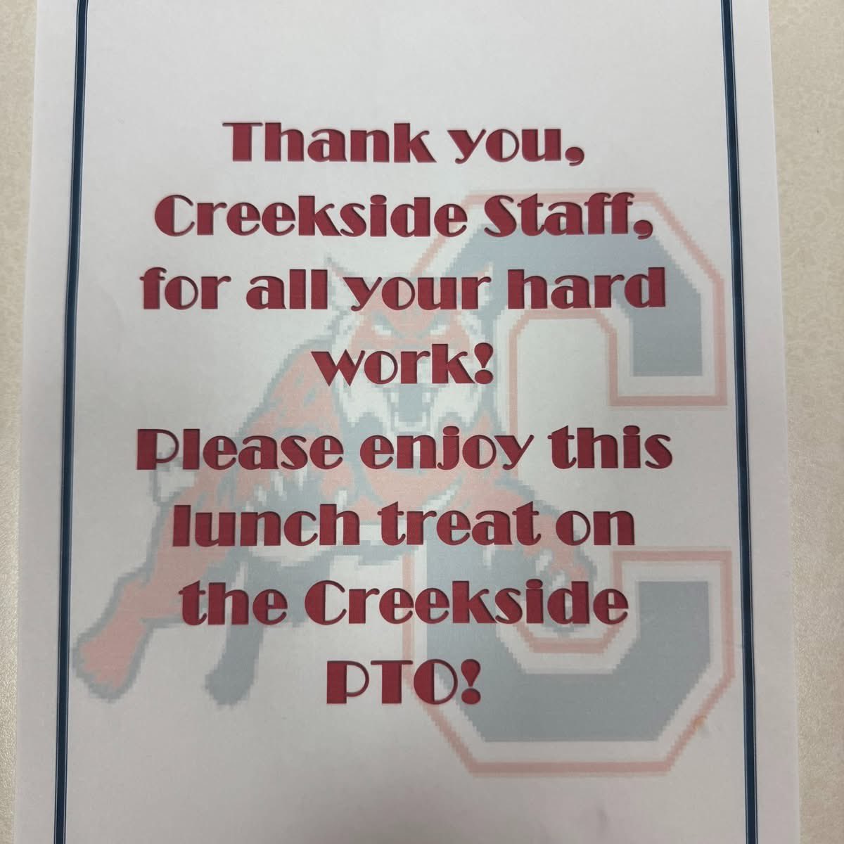 Your PTO recently had the opportunity to host a staff appreciation luncheon for our amazing Creekside team! Taking care of the wonderful people who take such wonderful care of our Wildcats ❤❤