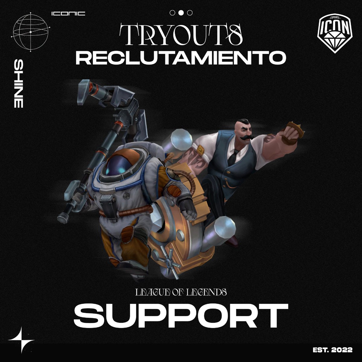 Buenas.💎En <a href="/IconEsportsMX/">Icon Esports</a> nos encontramos buscando postulantes para el rol de Soporte💎

Requisitos:
- 🏆Elo: GM+ LAN / D2+ NA
- 🌙Disponibilidad nocturna
- 🎯Buena comunicación, actitud positiva y ganas de aprender

📥¿Info? Mandar DM por este medio o al discord: mon_caesar