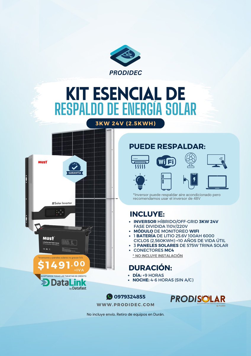 Prodidec's tweet image. Trabaja y realiza tus actividades diarias sin interrupciones. Actualizamos nuestros Kits Solares de respaldo. 
Redes sociales: @prodidec
WhatsApp: 0979324855

Aceptamos pagos con tarjeta de crédito.