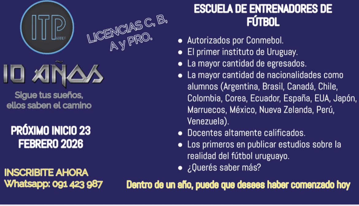 itpaudef's tweet image. El 23 de febrero comienzan los cursos para entrenador/a de fútbol en @itpaudef Licencias C, B, A y Pro en el primer Instituto para Entrenadores de Uruguay con certificación avalada por Conmebol. Info: 091423987