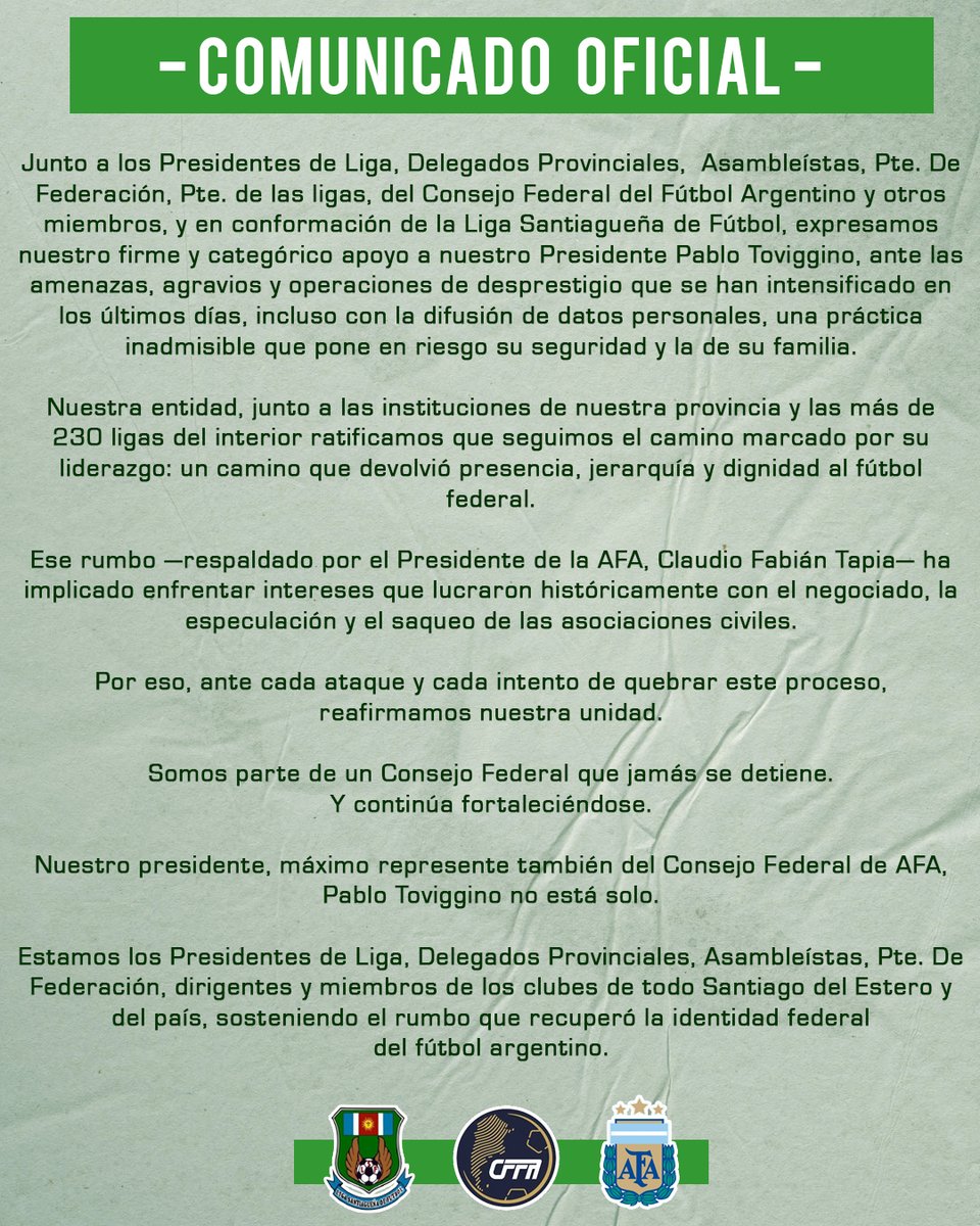 La <a href="/lsfoficial/">Liga Santiagueña</a> se suma a los dirigentes y entidades de todo el país, reafirmando el apoyo a nuestro presidente <a href="/TovigginoPablo/">Pablo Toviggino</a>, y sosteniendo así, el rumbo y crecimiento de un fútbol argentino más federal.