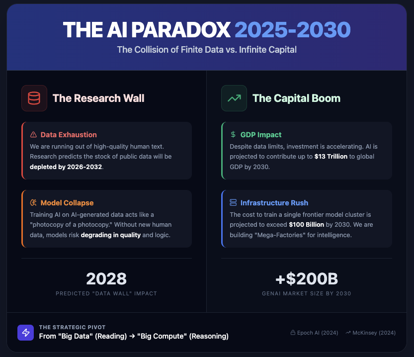 lakmalr's tweet photo. The "Paradox" Angle (High Impact)The 2025 AI Paradox: 📉 Data Supply: Depleted by ~2028 📈 Capital: $13T GDP boost by 2030

We can't just "read" more internet. We have to "think" deeper. The shift from Big Data ➡️ Big Compute is here. 🧠⚡️

#AI #TechTrends #GenAI https://t.co/tR8fdME8C5