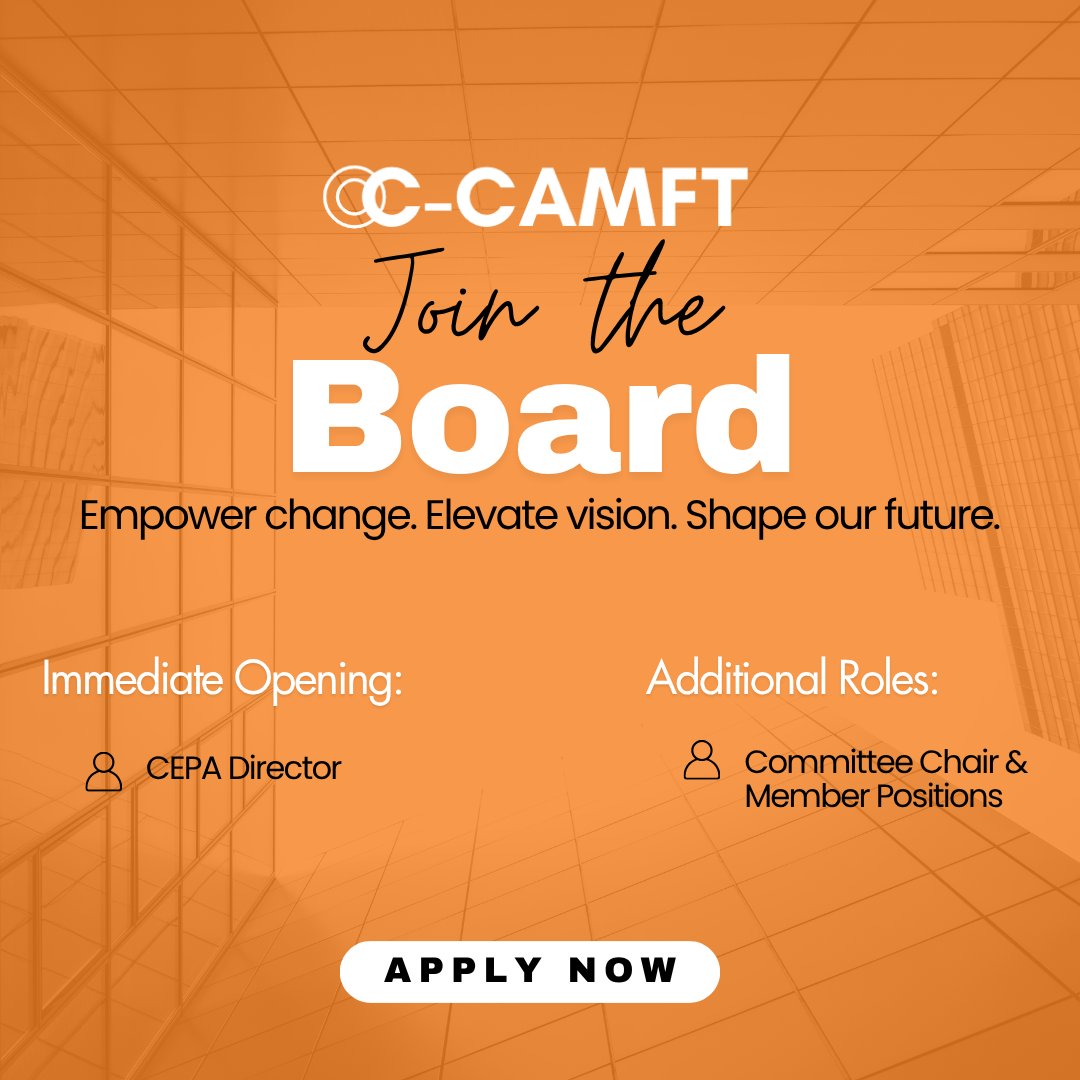 OCCAMFT's tweet image. 🌟 Your voice matters, help shape the future of our field! 🌟 Only 1 OC-CAMFT Board position left: CEPA Director! Committee Chair &amp;amp; Member roles still open. Contribute, connect, and grow in leadership. Apply ➡️ occamft.org/Board-of-Direc…