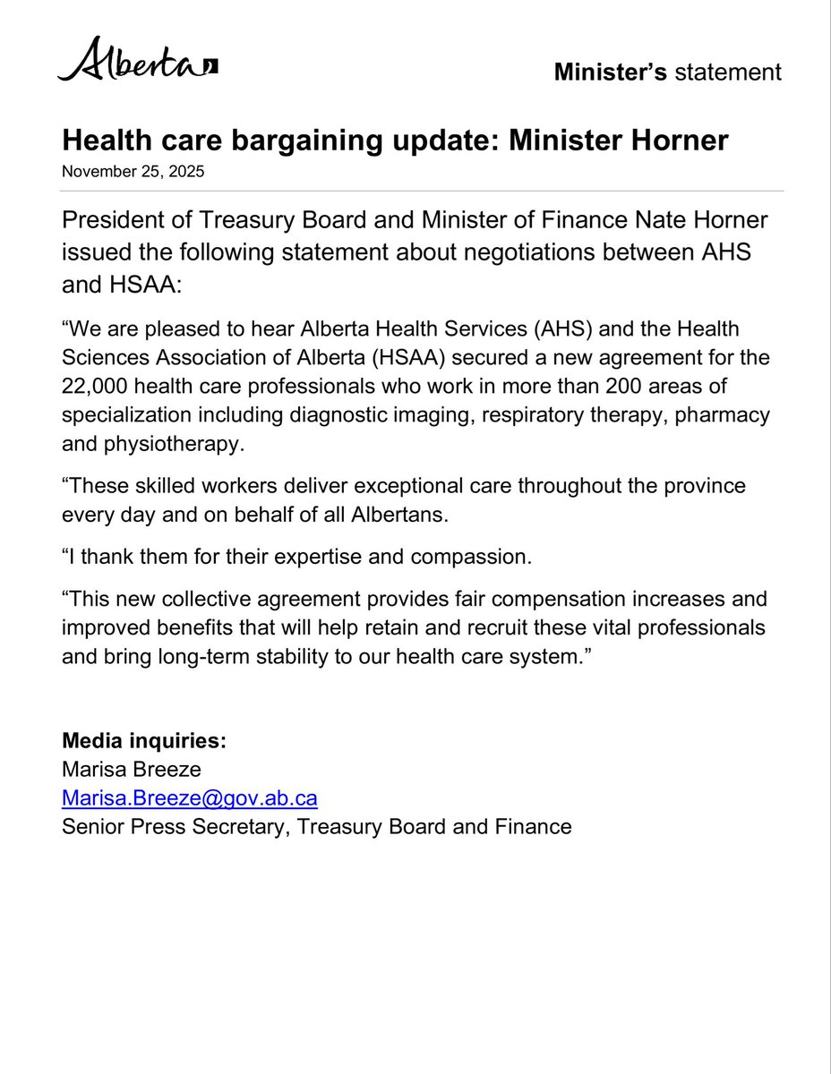 NateHornerAB's tweet image. Great news – Alberta’s health care workers have secured another strong deal. We’re encouraged to see HSAA members vote in favour of a four-year agreement with AHS. It’s another negotiated settlement that helps ensure stability for Alberta’s health care system.