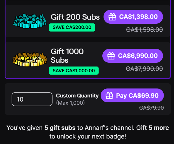 zachbussey's tweet image. Twitch has added a 1000 Gift Sub option.
