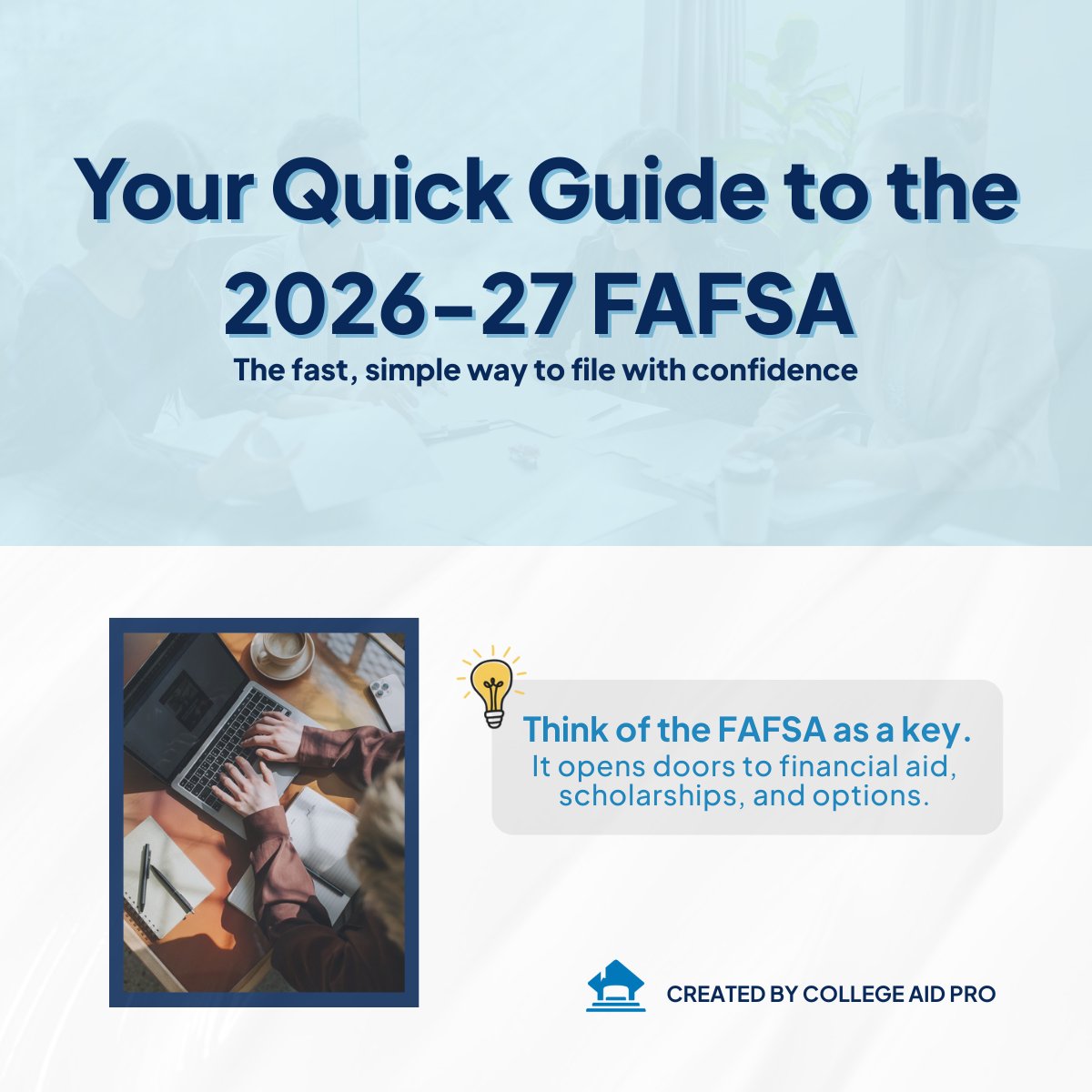 The 2026–27 FAFSA is live, and many families aren’t sure where to start.
Our partners at <a href="/CollegeAidPro/">College Aid Pro™</a> created a free FAFSA Quick Guide to help - clear steps, key dates, and common mistakes to avoid.

Share with students + families: hubs.li/Q03M3JJ40