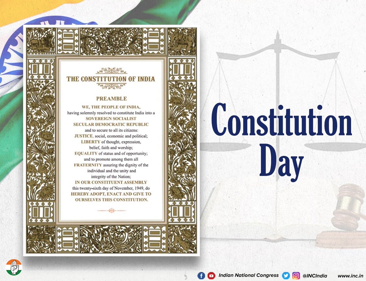 INCGoa's tweet image. On this day in 1949, India adopted the Constitution that became the very foundation of our democracy and the guardian of our freedoms. As we mark Constitution Day, let us reaffirm our commitment to uphold its spirit and safeguard its values, especially at a time when the present…