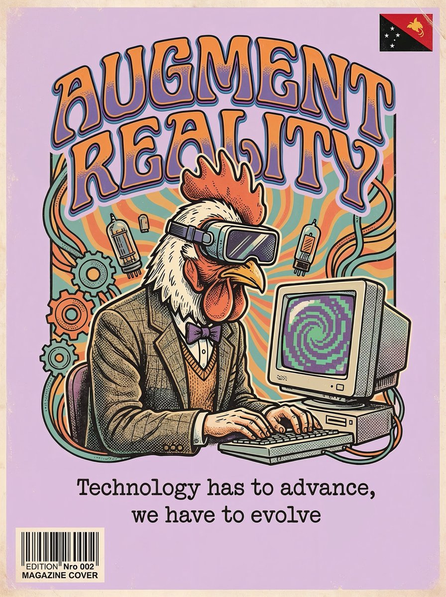 Hugofloresf's tweet image. AUGMENT REALITY
Vintage Poster featuring Chicken-Head scientist.
&quot;Augment Reality: Technology has to advance, we have to evolve&quot;
#hugoai #augmentreality #design #series #poster #chickenhead #cover #popart #comic #vintage
