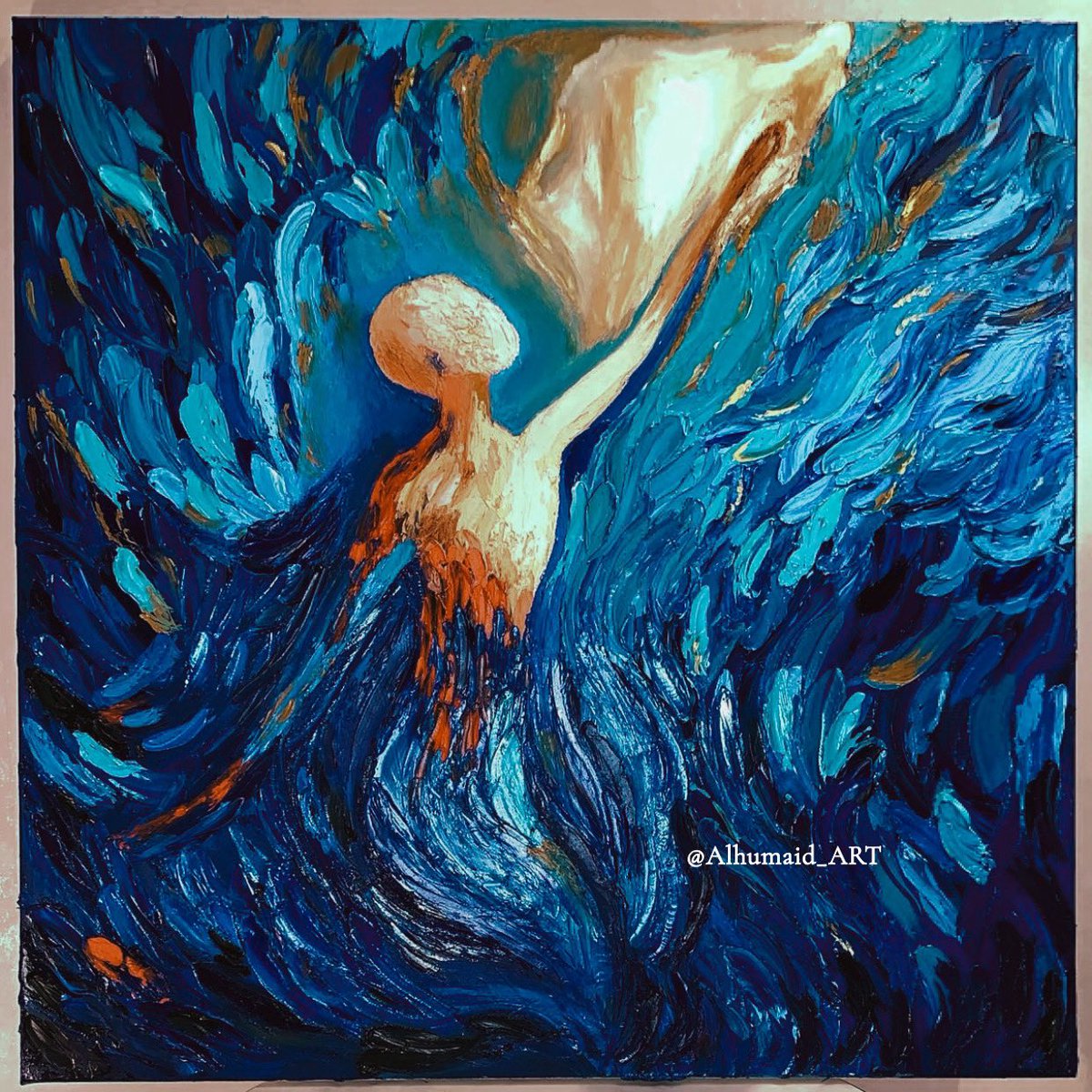 عنوان اللوحة: "وسعتني الرحمة"
الخامة: ألوان زيتية – تقنية السكين (Impasto)
المقاس: 80×80 سم
المدرسة الفنية: التجريد التعبيري