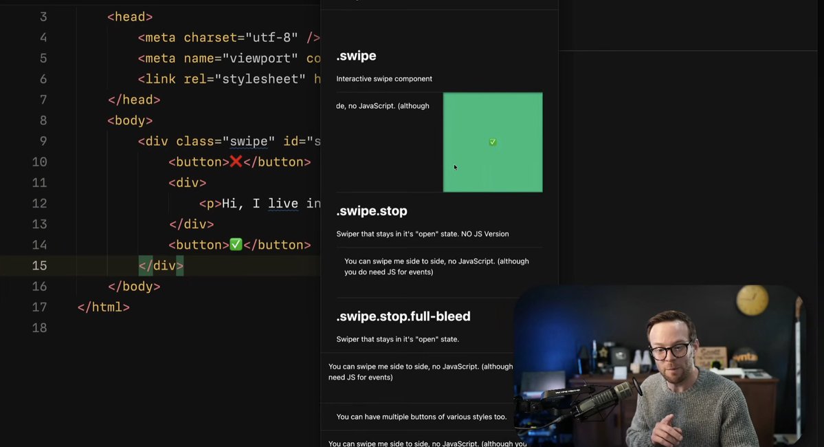 wesbos's tweet image. 🤯 this is absolutely genius

@stolinski figured out how to make this swipe action UI with CSS scroll snap 

youtu.be/WjuqAGpj6DM