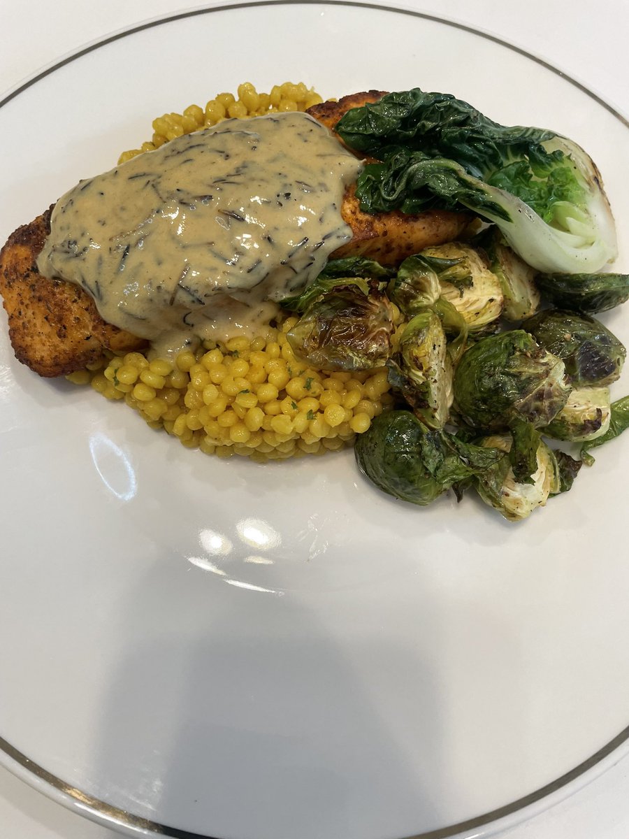 Israeli Curry Couscous, Pan Seared Salmon w/Dejon  Rosemary Champagne Sauce, Roasted Brussel Sprouts &amp; Baby Bok Choy #chefvnell #gottahaveitseasonings #ironchef #cheftable #foodnetwork