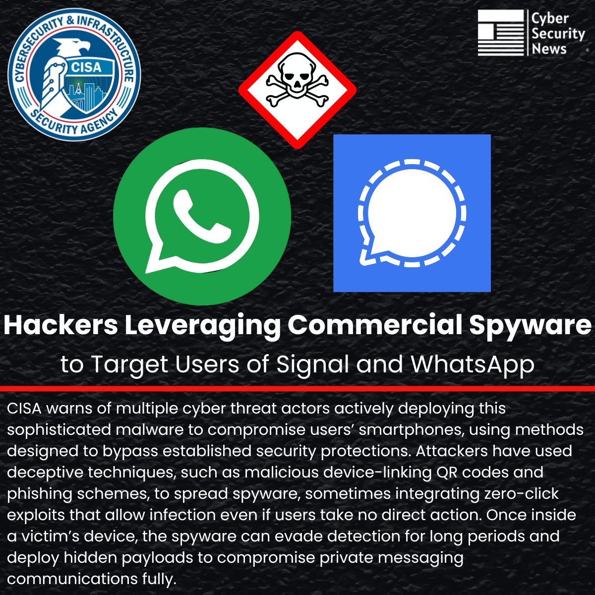 ⚠️ CISA Warns of Hackers Leveraging Commercial Spyware to Target Users of Signal &amp; WhatsApp 

Source: cybersecuritynews.com/cisa-warns-of-…

CISA warns of multiple cyber threat actors actively deploying this sophisticated malware to compromise users’ smartphones, using methods designed to