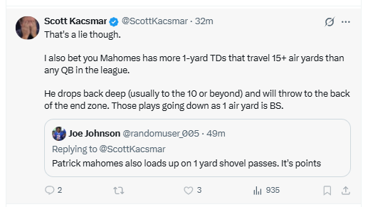ScottKacsmarNot's tweet photo. According to Scott, if Mahomes decides to prop back 20 yards, it's a 21 yard TD, if any other QB simply makes the right play, and throws a 1 yard TD, then it's worthless https://t.co/2HEs7XAYtE