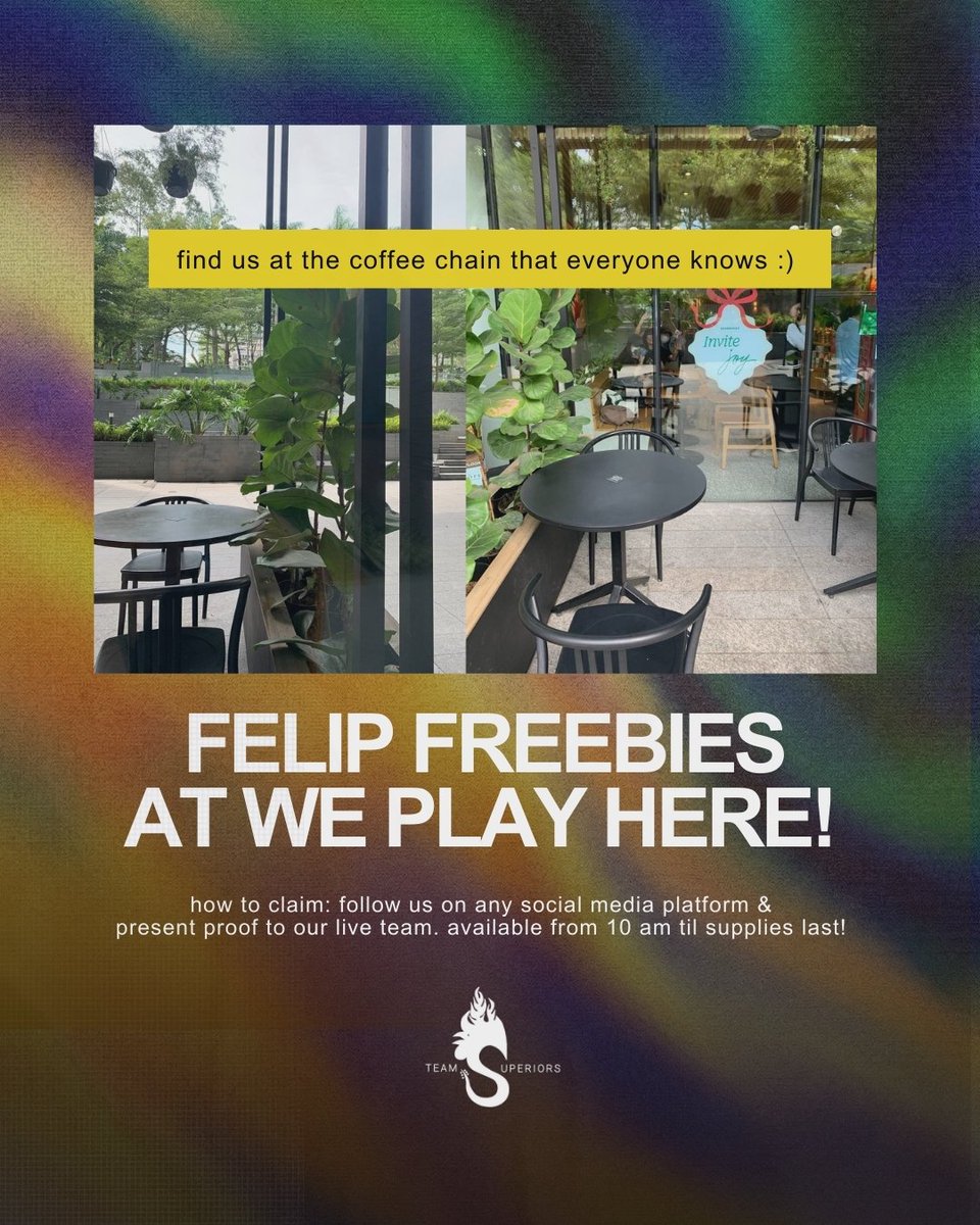team_superiors's tweet image. The early bird for @felipsuperior catches the worm 🖤 #FELIP freebies drop at 10 AM—while stocks last!

Follow the scent of espresso and excitement—you’ll find us ✨️ Look for our members in black or rocking that acid-wash SPS shirt 😉

See ya! 🤘