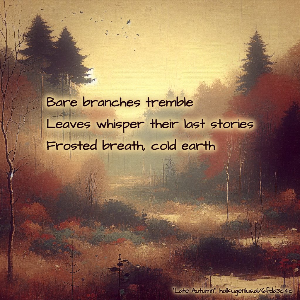 Bare branches tremble
Leaves whisper their last stories
Frosted breath, cold earth
"Late Autumn", haikugenius.ai/6fda3c4c

✨ Create your own beautiful haiku with stunning generative art—free and no signup needed! Try it now: haikugenius.ai

#LateAutumn #haiku
