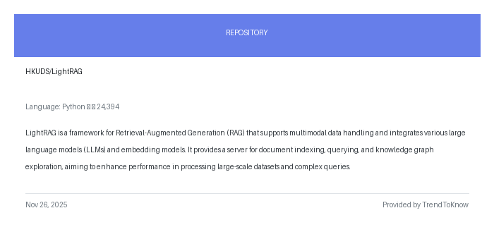 aitrendings's tweet image. HKUDS/LightRAG

💻 Python

#RetrievalAugmentedGeneration #MultimodalAI #LargeLanguageModels #OpenSource #Python

🔗 trendtoknow.ai
