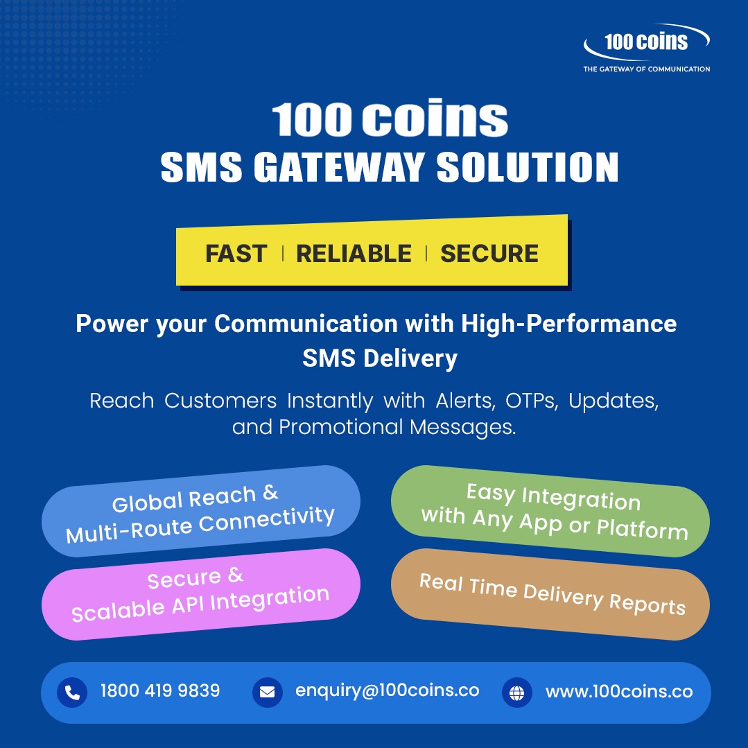 AditekSystemsPL's tweet image. 100Coins SMS Gateway Solution

Reach customers instantly with alerts,OTPs, updates, and promotional messages.
For Details,Call: 18004199839 or enquiry@100coins.co
#AditekSystemsPrivateLimited #100Coins #SMSAPI #MessagingSolution #DigitalCommunicatin #SMSGateway #IndianTechnology