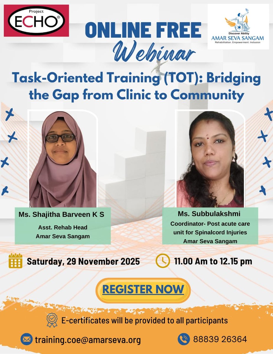 amarseva's tweet image. Free Webinar Alert!
Task-Oriented Training (TOT): Clinic to Community
29 Nov 2025 |  11 AM IST | Speakers from Amar Seva Sangam
In collaboration with Project ECHO
E-certificates for all
Register:iecho.org/public/program…
#AmarSevaSangam #TOTWebinar #FreeWebinar