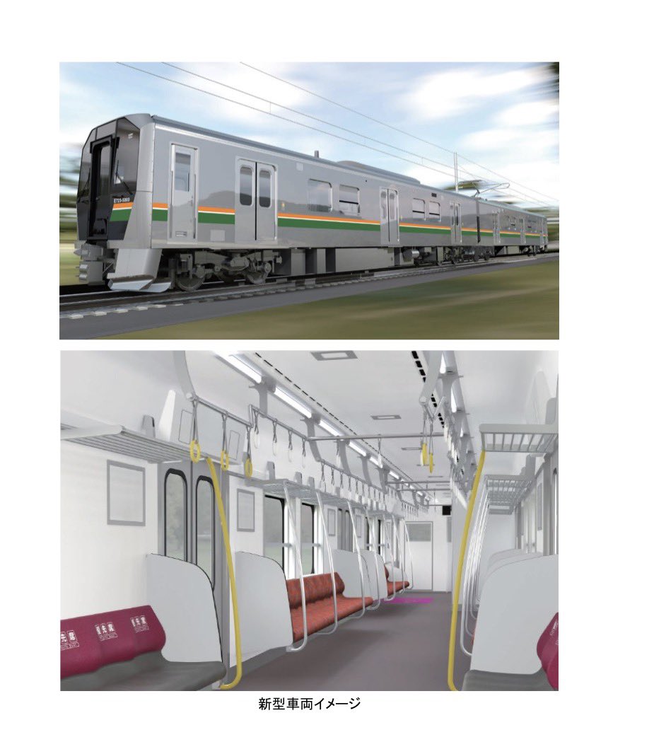 2_VIEVV's tweet image. ｜E723系5000番台￤新車導入｜
┆導入線区┆山形線（福島〜新庄）
┆導入数┆2連11本（22両）
→ 719系5000番台を置き換え

┆特徴┆
・前面：HB-E220系ベース
・FRP：白　帯：緑・橙色
・側面：安全確認カメラ
・座席：ロングシート幅拡大

┆デビュー┆2026年度秋頃
jreast.co.jp/press/2025/202…