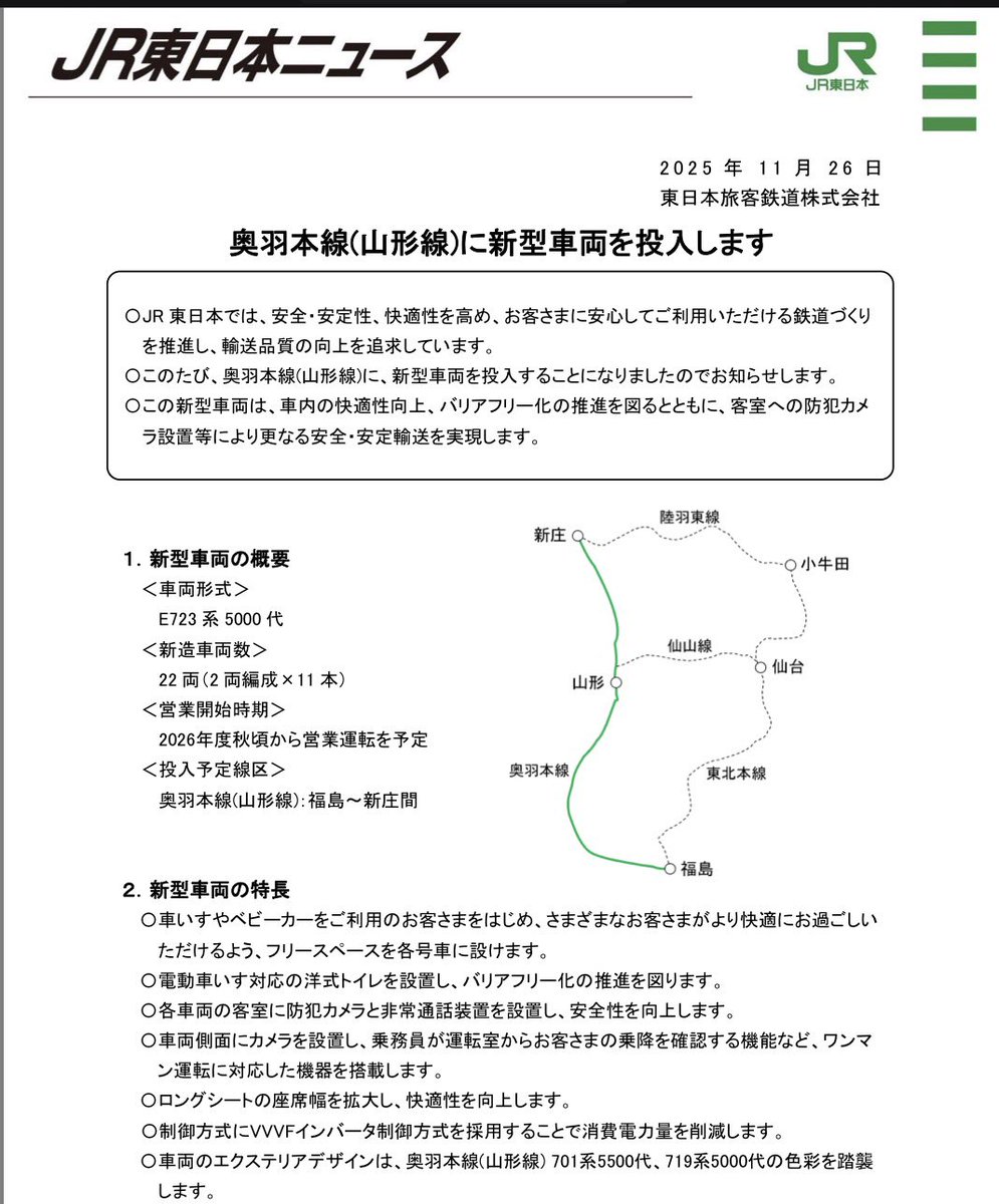 2_VIEVV's tweet image. ｜E723系5000番台￤新車導入｜
┆導入線区┆山形線（福島〜新庄）
┆導入数┆2連11本（22両）
→ 719系5000番台を置き換え

┆特徴┆
・前面：HB-E220系ベース
・FRP：白　帯：緑・橙色
・側面：安全確認カメラ
・座席：ロングシート幅拡大

┆デビュー┆2026年度秋頃
jreast.co.jp/press/2025/202…