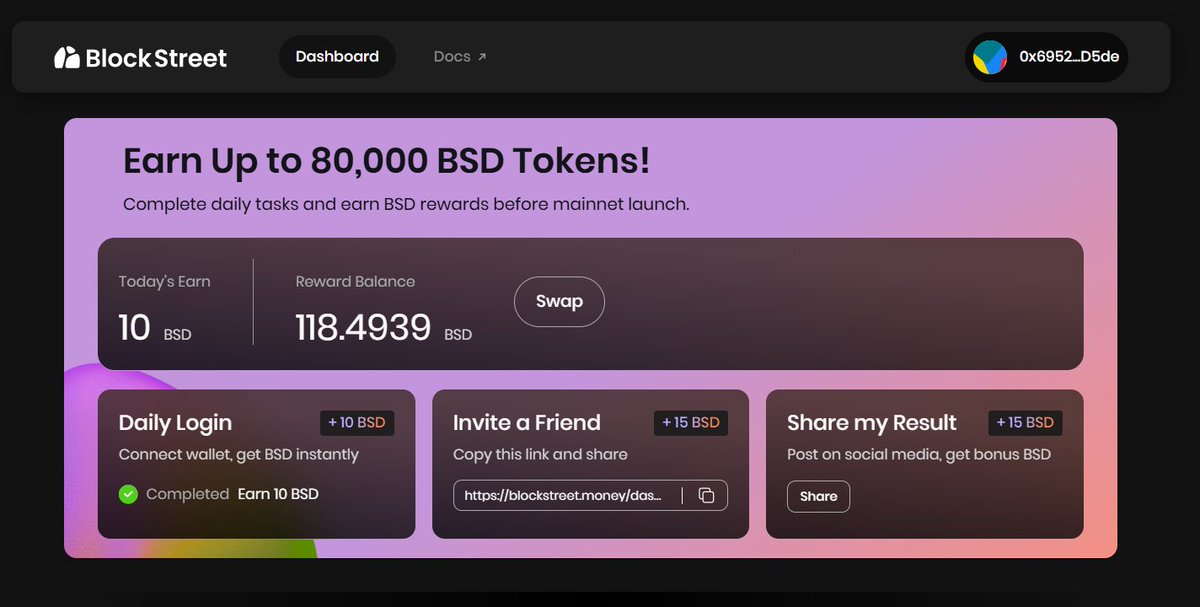 CryptoGhst's tweet image. yo CT

just quick reminders for don&apos;t forget to grab $BSD daily and make swap @BlockSt_HQ 👇

- Join here : blockstreet.money/dashboard?invi…
- Grab $10 $BSD
- Make swap and supply asset
- Done