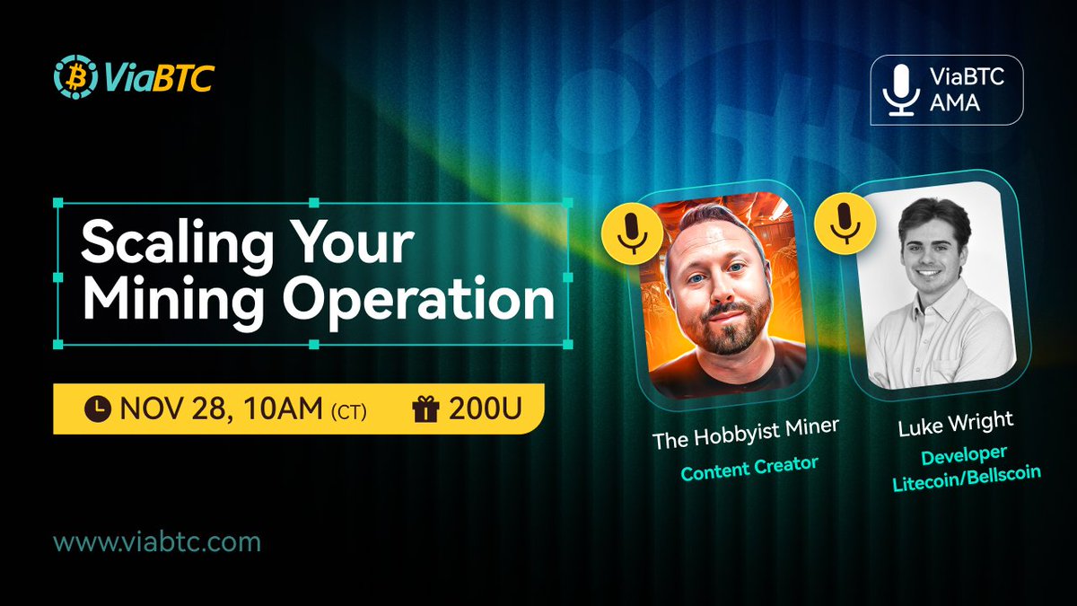 ViaBTC's tweet image. ⚡ X Space Alert!
We’re hosting a session on Scaling Your Mining Operation ⛏️

🗓 Nov 28 | ⏰ 10 AM CT
🎙 With @HobbyistMiner  &amp;amp; @lukewrightmain
🔔 Set your reminder: 

Drop your questions below for a chance to be featured!

Ask your best questions in the…
