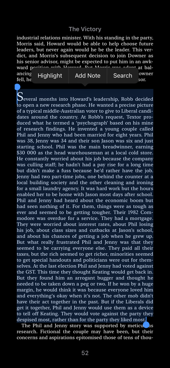 AmyRemeikis's tweet image. This bullshit Jess Ted O&apos;Brien has just invented as a filter for Liberal policy is not new. Howard had Phil and Jenny, created by Lynton Crosby in the 1990s (from The Victory)
Every journalist asking about &apos;Jess&apos; needs to read a fkn book