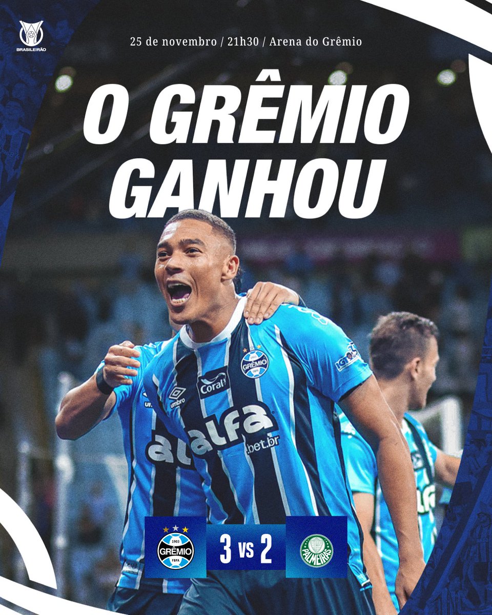 Gremio's tweet image. RAÇA, ALENTO E 3️⃣ PONTOS! 🇪🇪 #Grêmio 3x2 Palmeiras
Embalado por milhares de vozes nas arquibancadas, jogamos com raça até o apito final e, de virada, conquistamos a vitória na nossa casa. Amuzu, Carlos Vinícius e Willian formaram o descontrole nesta noite na Arena! VAMOS,…