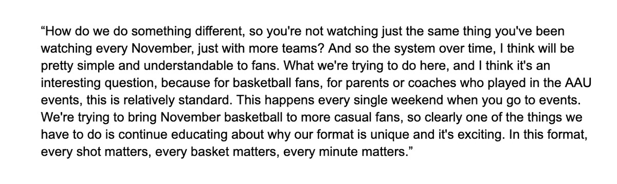 CBB_Central's tweet photo. Players Era co-founder Seth Berger addressed the media earlier. He indicated that the pre-set matchups and point differential model are here to stay for next year's 32-team event. Here's part of his explanation as to why: https://t.co/4vUoJuibuR