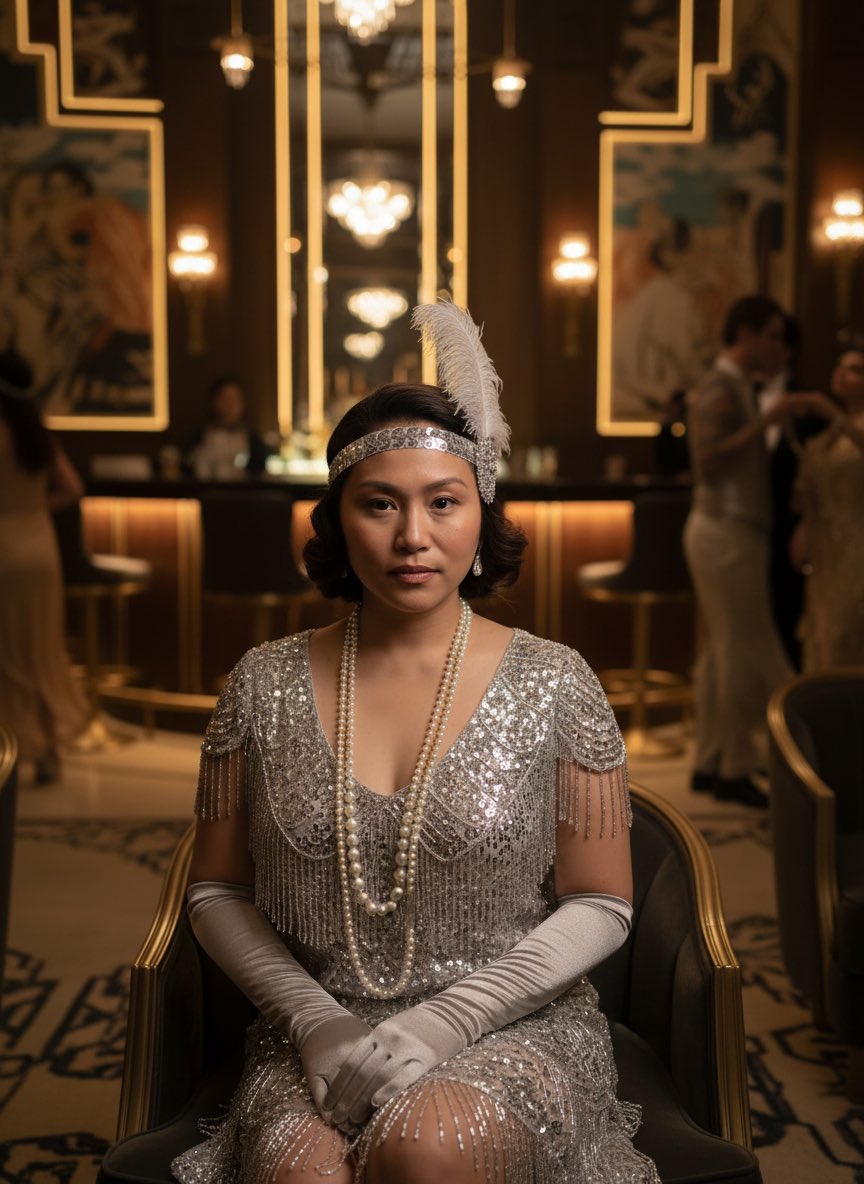 bobmata's tweet photo. Stepping into the roaring 20s! ✨ This glam interior and party attire have me dreaming of jazz nights &amp; champagne toasts. What era would you time travel to? 👇 #Roaring20s #VintageVibes #PartyTime https://t.co/pl3CuHVbTF