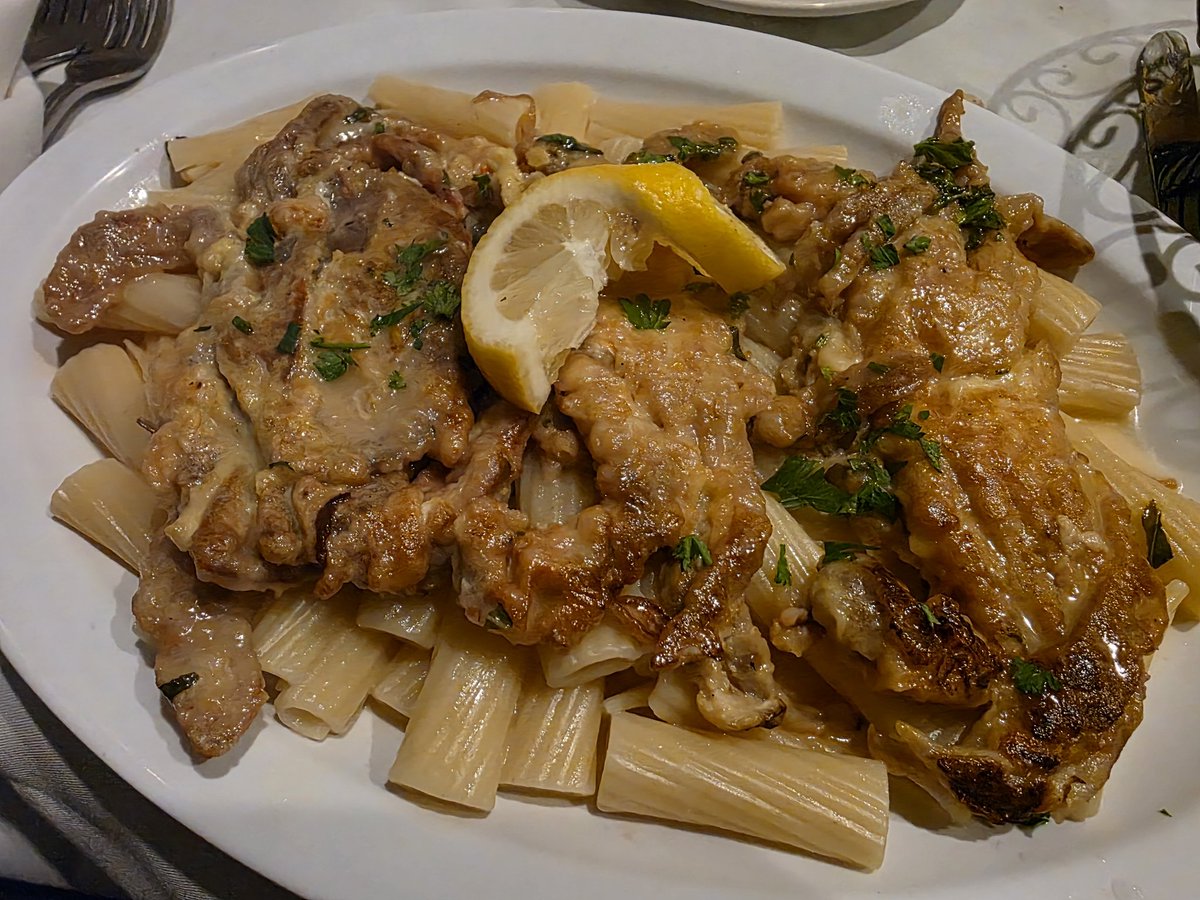Both Gameswife and I each got some life wins today, so we went out to celebrate 😁

Full carafe of cab sav, stuffed artichoke, grilled salmon over risotto and veggies, soft shell crab francese over rigatoni.

*chef's kiss *