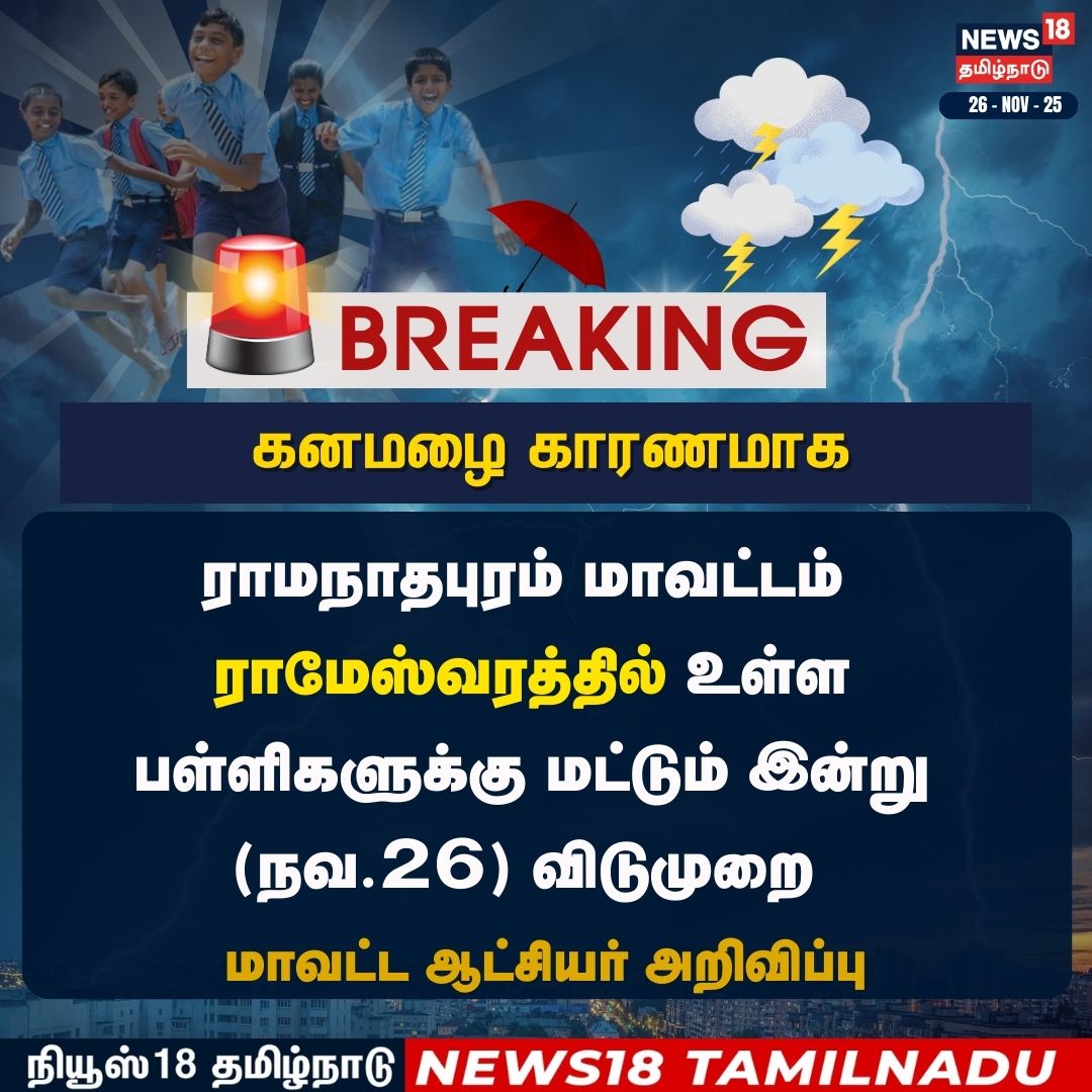 News18TamilNadu's tweet image. #JUSTIN கனமழை காரணமாக ராமேஸ்வரத்தில் உள்ள பள்ளிகளுக்கு மட்டும் இன்று விடுமுறை 

#Rameshwaram #SchoolHoliday #Rain #News18Tamilnadu | News18Tamil.com