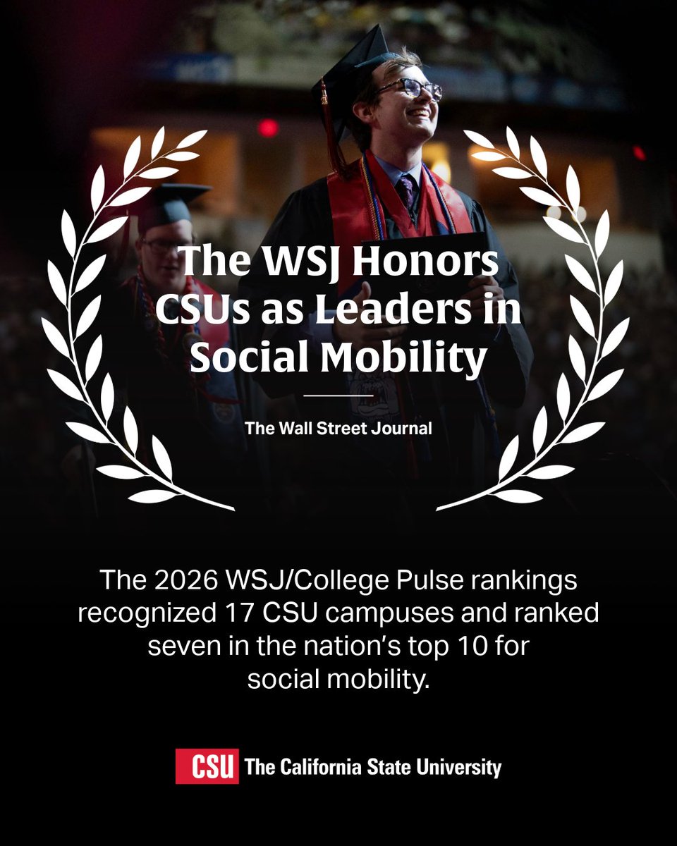 calstate's tweet image. #CalState universities are leading the nation in social mobility! What does that mean? It’s about helping students move up in life—through access, affordability and career success

The @WSJ/@CollegeInsights ranked CSUs in the top 10 for helping students achieve upward mobility.