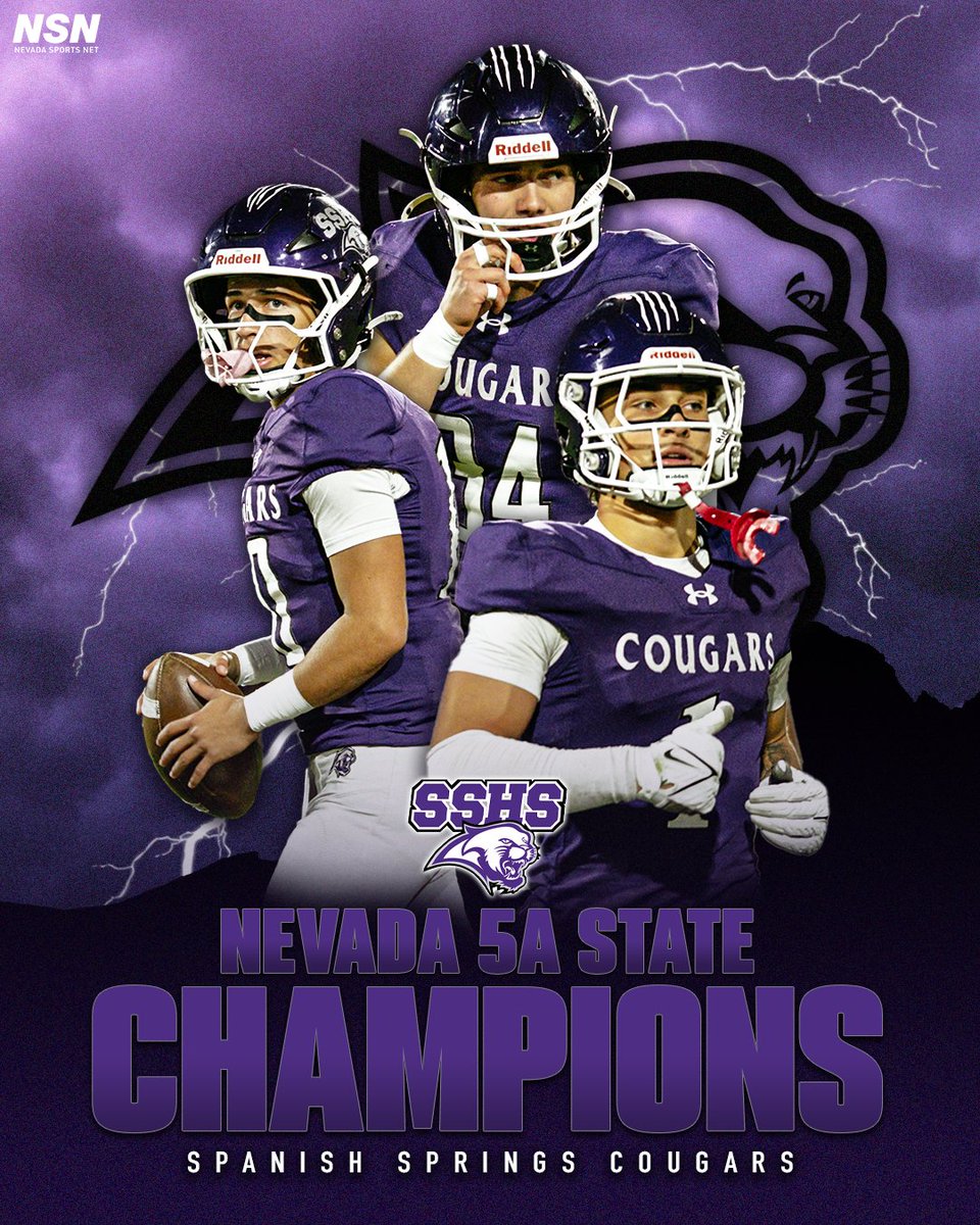 NevadaSportsNet's tweet image. Spanish Springs takes the 5A State Championship with a statement 42-23 win over Faith Lutheran 🏆

The Cougars have completed a perfect season, finishing 13-0 and with the program&apos;s first state title 🐾

(📷: Scott Bliss)